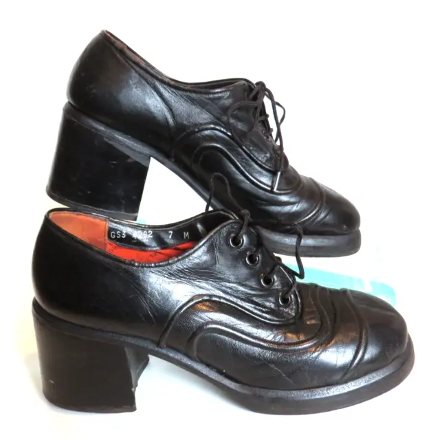 Vintage 1970's SRO Black Leather Women's Shoes Platform & Big Heel US 7