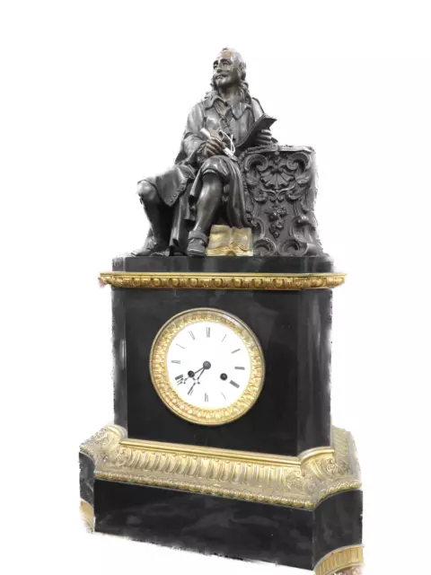 Antique Large Tabletop Clock French IN Marble Black Bronze IN Patina And Bronz