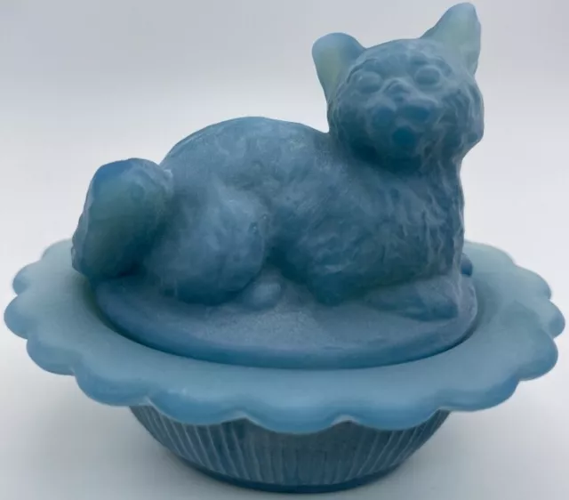 Mosser Glass Cat On Basket GEORGIA BLUE SATIN Kitten Salt Cellar FREESHIP