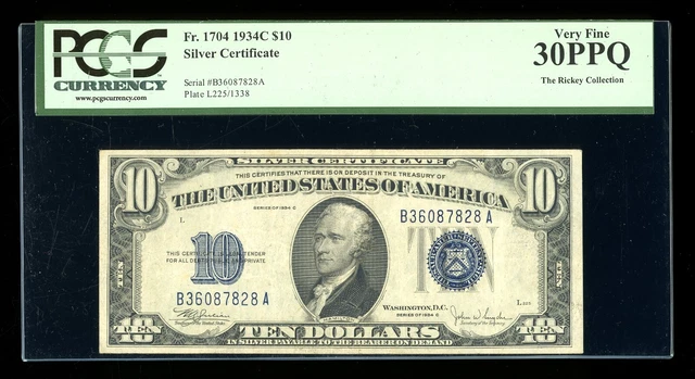 DBR 1934-C $10 Silver Fr. 1704 PCGS 30 PPQ Serial B36087828A