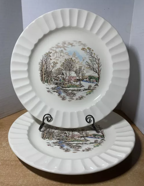 2 Edwin Knowles Olde Mill Winter Scene Covered Bridge Fluted Dinner Plates 10"