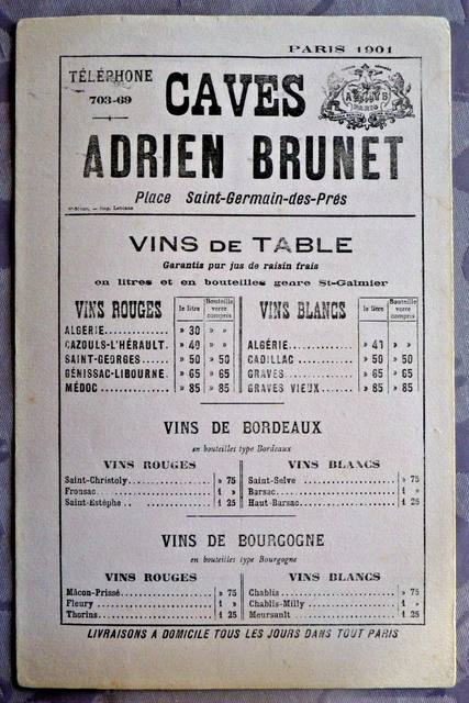 Buvard - Caves Adrien Brunet Saint Germain Des Prés Paris - Tarifs Vins - 1901