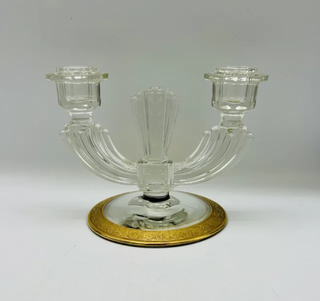 Vintage Tiffin glass Minton gold double candlestick holder
