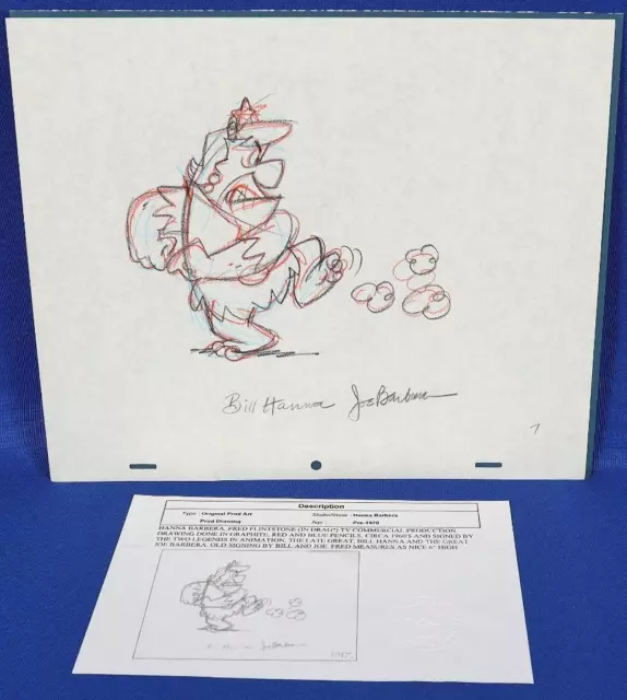 1960s Fred Flintstone Hand-Drawn Comic Art Sketch Hanna Barbera Signed w/ COA