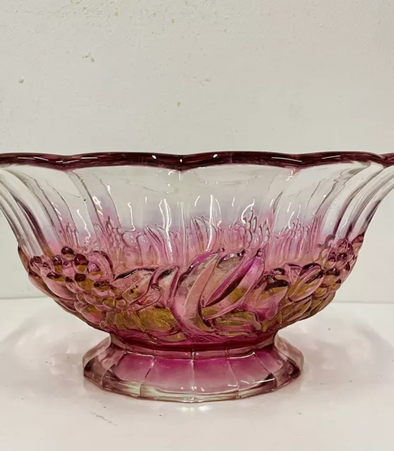 Art Deco purple bubble glass footed Centerpiece Fruit Bowl Tulip Fluted Rim