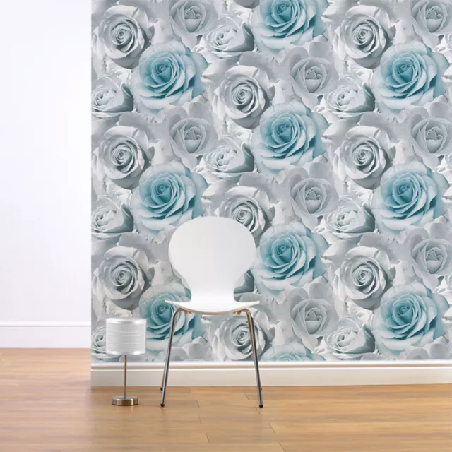 Muriva Madison Rose Floral Papier Peint Bleu (119503) Neuf Fleur Pièce Décor