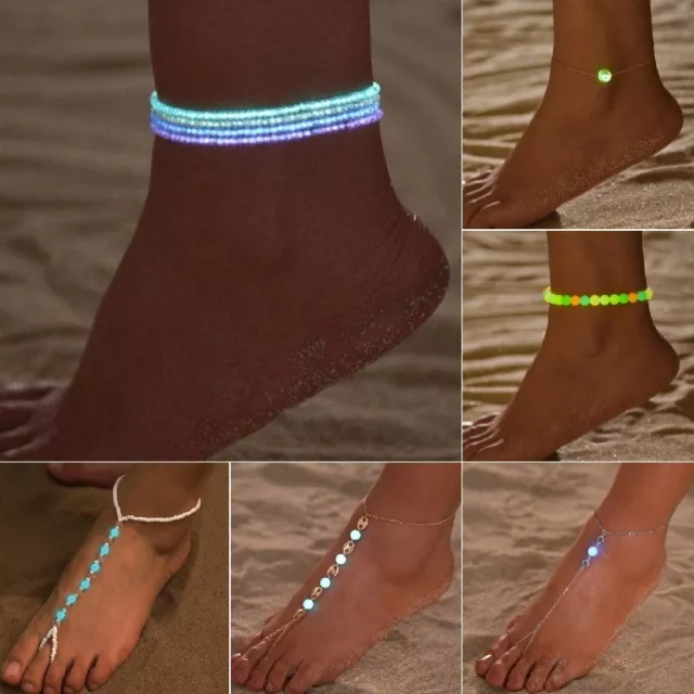 Boho Beads Anklet Glow In The Dark Ring Foot Chain Bracelet Women Beach Jewelry