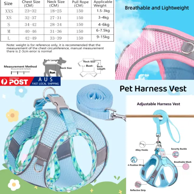 AU Dog Reflective Vest Pet Harness Vest Adjustable Puppy Breathable Mesh Leash