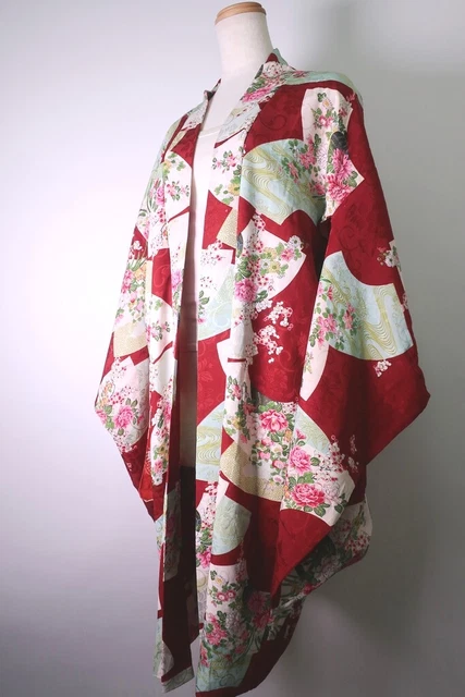 8842B1 Silk Vintage Japanese Kimono Haori Jacket Plum blossom Peony Long