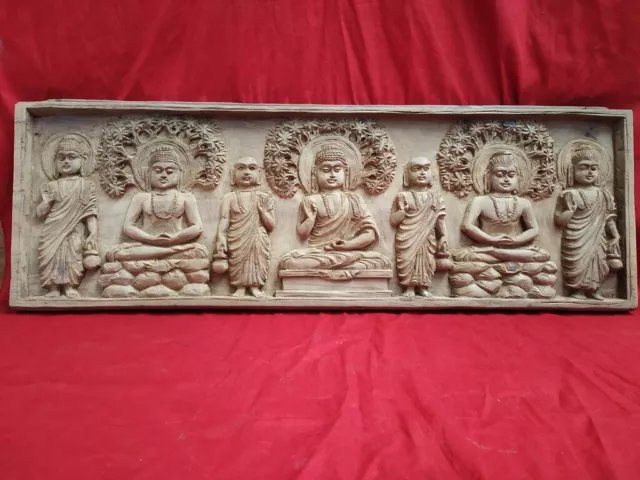 Tibetan Buddha Vintage Wall Panel Statue Monk Wooden Hindu Temple Sculpture Art