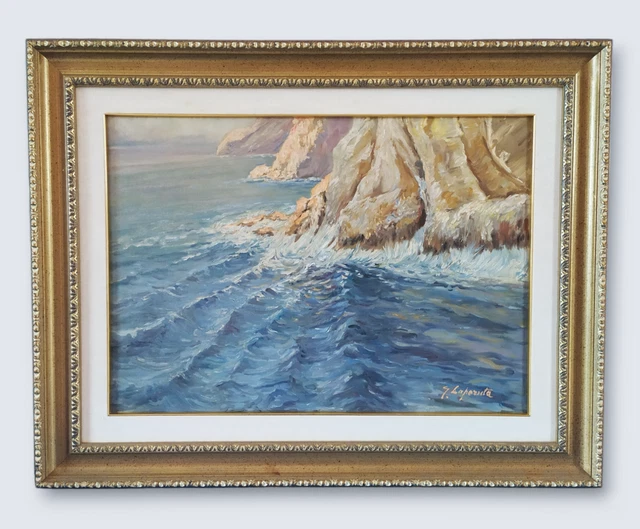 Paysage Côtier, Mer, Vagues sur les Rochers, Vieille Peinture à Huile signée