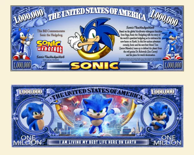 Sonic Hedgehog Million Dollar Bill Play Funny Money Novelty Note + FREE SLEEVE