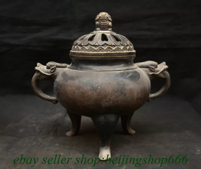 8.4" Old Chinese Bronze Dynasty Beast Lid 3 Leg incense burner Censer Statue