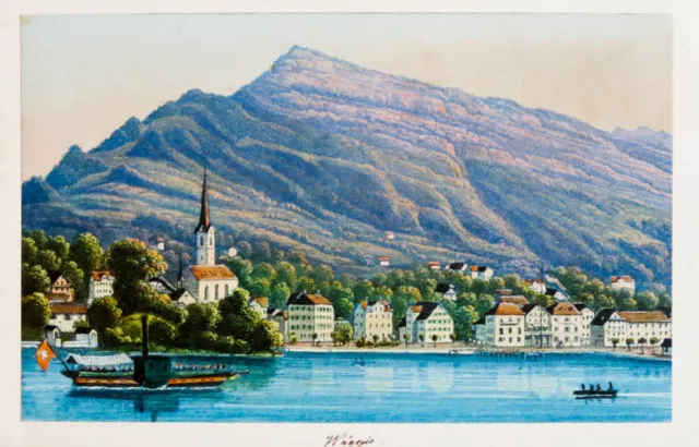 c1870 Schweiz Luzern Weggis Kolorierte Aquatinta-Ansicht Dikenmann