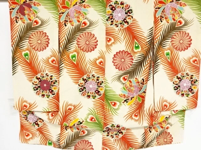 42123# Japanese Kimono / Antique Kimono For Girls / Peacock Feathers & Flora