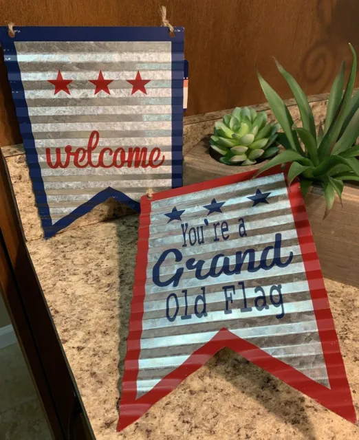 2x Patriotic 4th of July Decor Sign Welcome Sign & You're a Grand Old Flag G1