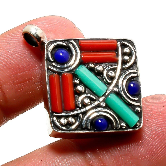 Turquoise Red Coral Lapis Lazuli Bohemian Handmade Nepali Pendant 1.30" NP 1465