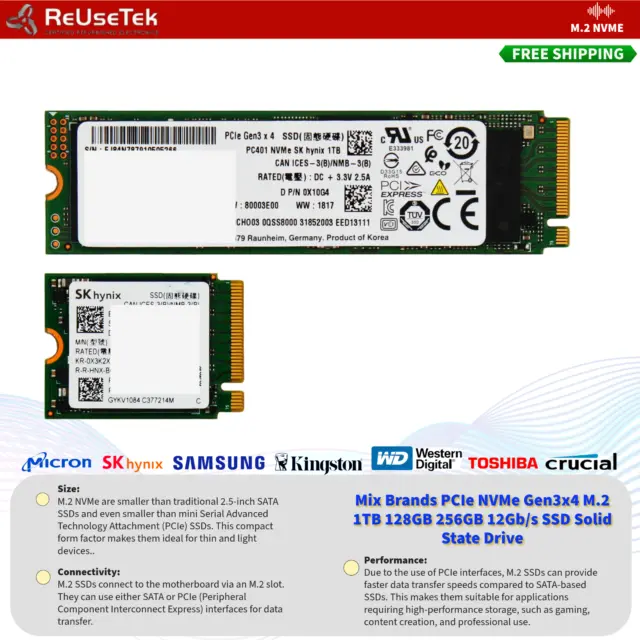 Mix Brands PCIe NVMe Gen3x4 M.2 1TB 512GB 256GB 128GB 12Gb/s SSD Internal Drive