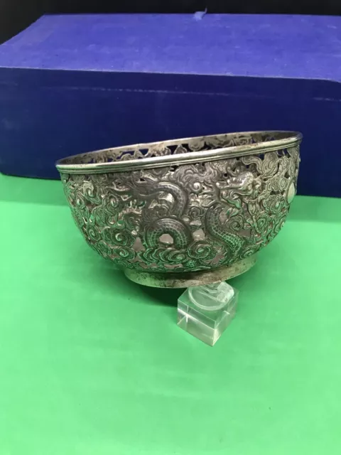 Antique Chinese Sterling Solid SILVER Pierced With Carved Dragons & Flowers Bowl