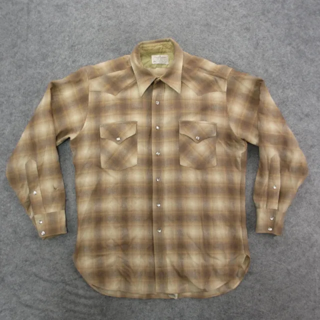 Pendleton Flannel Shirt Men's L Brown Paid Long Sleeve Virgin Wool Pearl Snap *