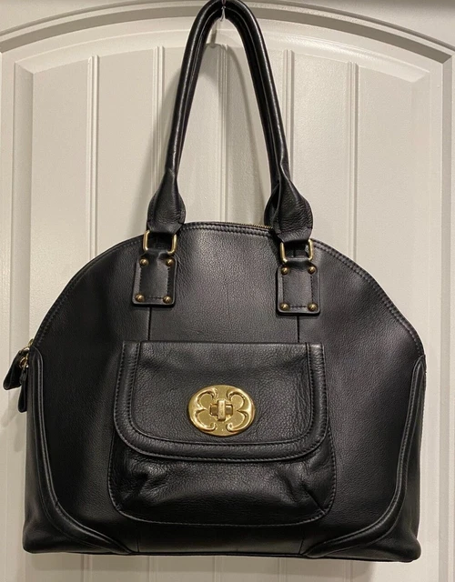 Emma Fox Large Satchel Black Leather Turn Lock Front Pocket Zip Top Shoulder Bag