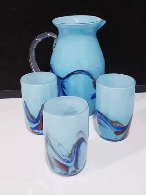 MCM Cased Blown Art Glass Blue Multicolor Applied Handle Pitcher + 3 Tumbler Set