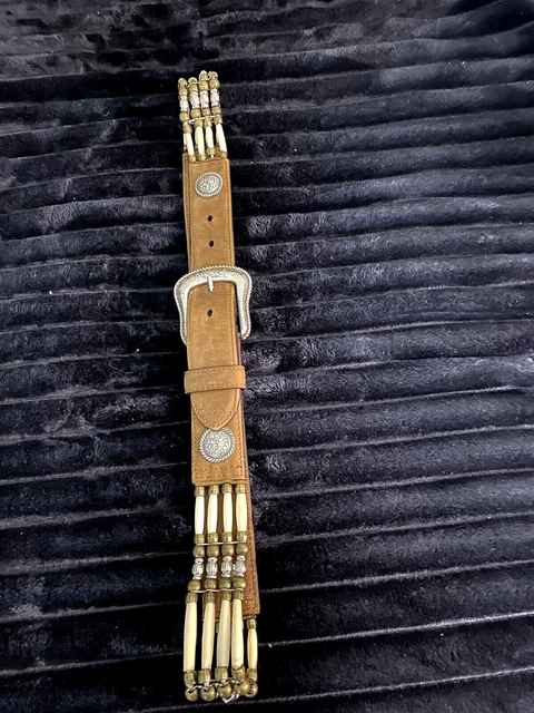Vintage Southwestern Men’s Belt Genuine Leather with Carved Horn Beaded Accents