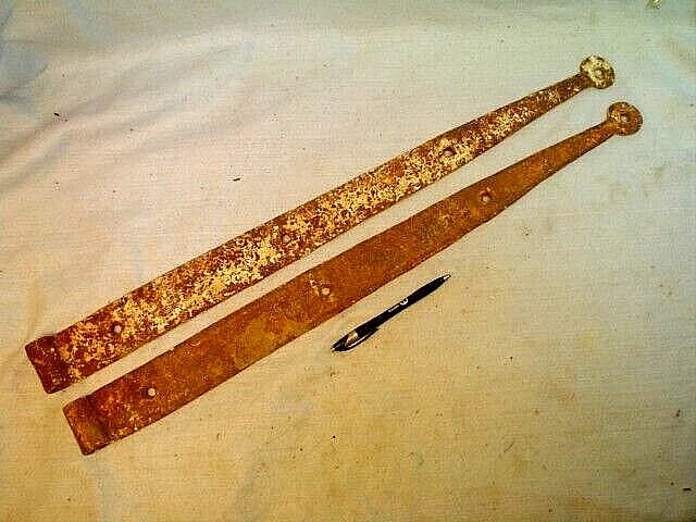 PAIR ANTIQUE 1800's HAND HAMMERED HAND FORGED 27'' BARN DOOR STRAP HINGES