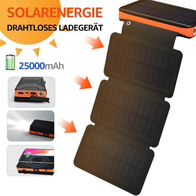 4 Panel Solar PowerBank 25000mAh Tragbar Externer Batterie Ladegerät Handy alle