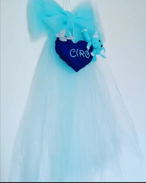 Fiocco nascita cuore coccarda da bimbo ricamo tulle fuoriporta decorazione nuovo