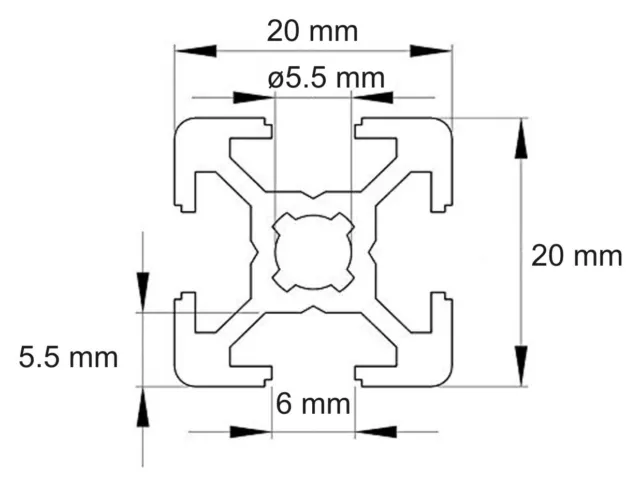 Profil Aluminium Section 20x20 mm. Anodisé 4 rainures. Aluminium 6063-T5 2