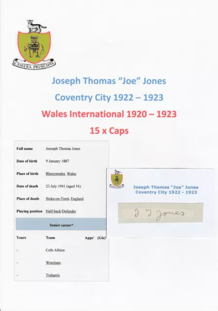 Joe Jones Coventry City 1922-1923 Extremely Rare Original Signed Cutting/Card