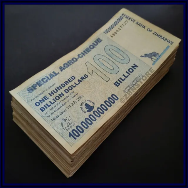 100 x 100 Billion Dollars Zimbabwe Special Agro Cheque 2008 Bundle Authentic COA