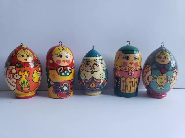 Vintage Lot of 5 Chiristmas Ornaments Russian Wooden Nesting Dolls