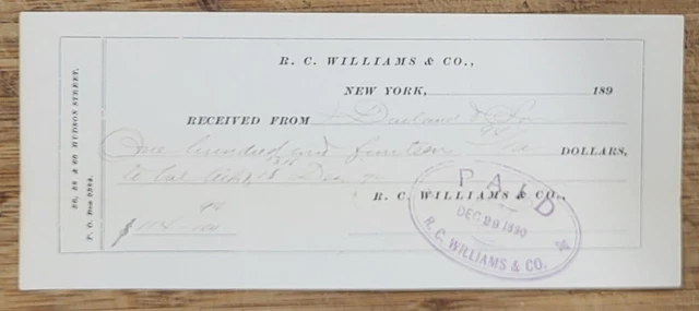 1890 Check Receipt New York City RC Williams Wholesale Grocers