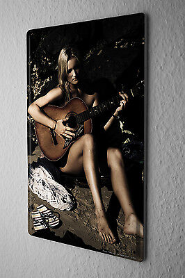 Tin Sign Jorgensen pin up metal blate poster Blonde Naked beach barefoot guitar