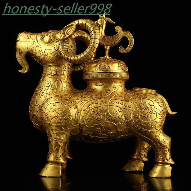 11.2" Marked dynasty bronze 24k gold Gilt sheep phoenix statue sandalwood burner