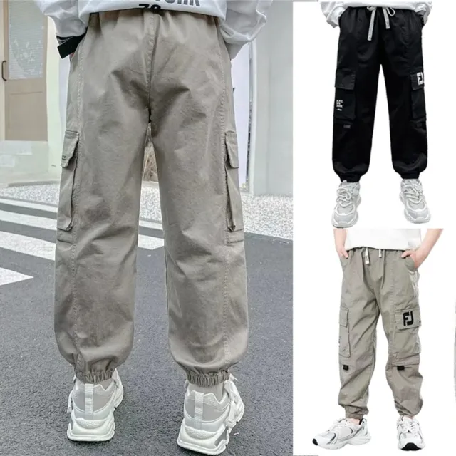 Kids Boy's Cargo Pants Elastic Waistband Trousers With Pockets Athletic Active
