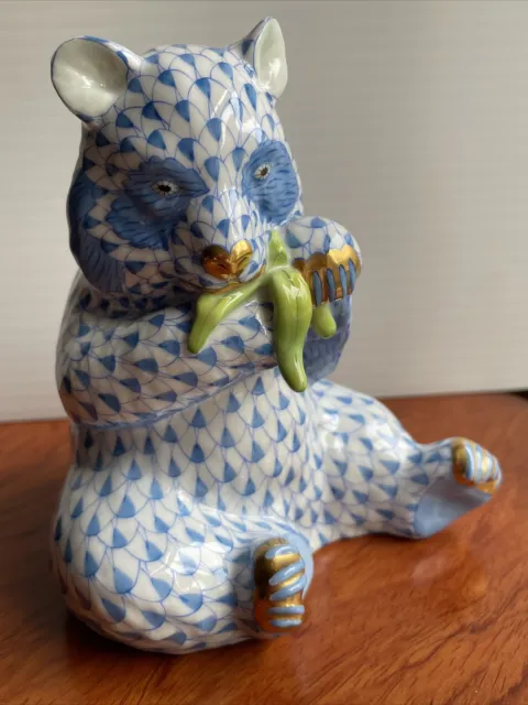 Herend Porcelain Panda Eating Bamboo Figurine, #15348, BlueFishnet-MINT