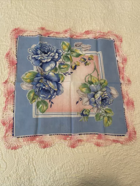 Pretty VTG EUC Ladies Handkerchief Floral Blue Roses Pink Crocheted Trim 15”x14”