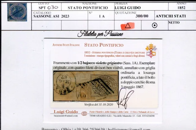 1852  Antichi Stati Italiani Stato Pontificio 1/2 Baj  Violetto Grigiastro Sp030 2