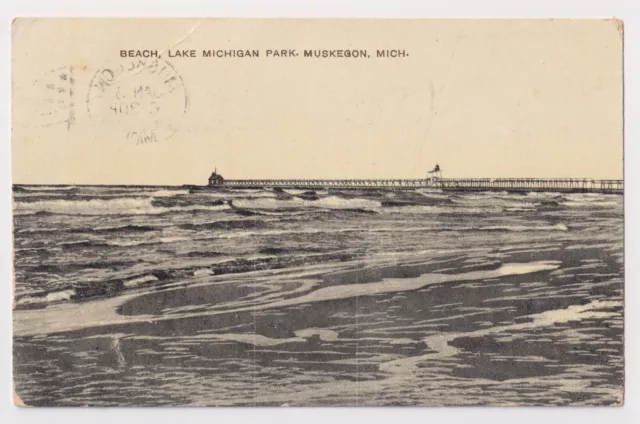 Beach, Lake Michigan Park, Muskegon Michigan Mi, Boardwalk/Pier Postcard C. 1909