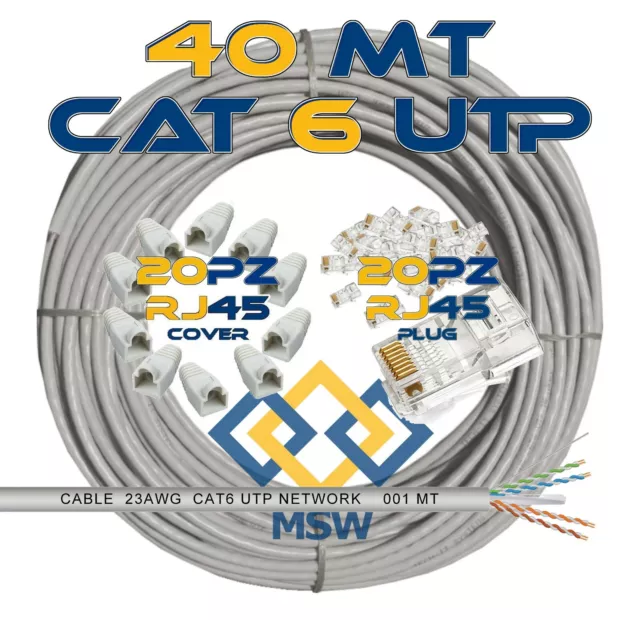 Cavo Di Rete Lan 40 Metri Cat6 Utp Con % Rame + Plug Cover Nvr Dvr Router Fibra
