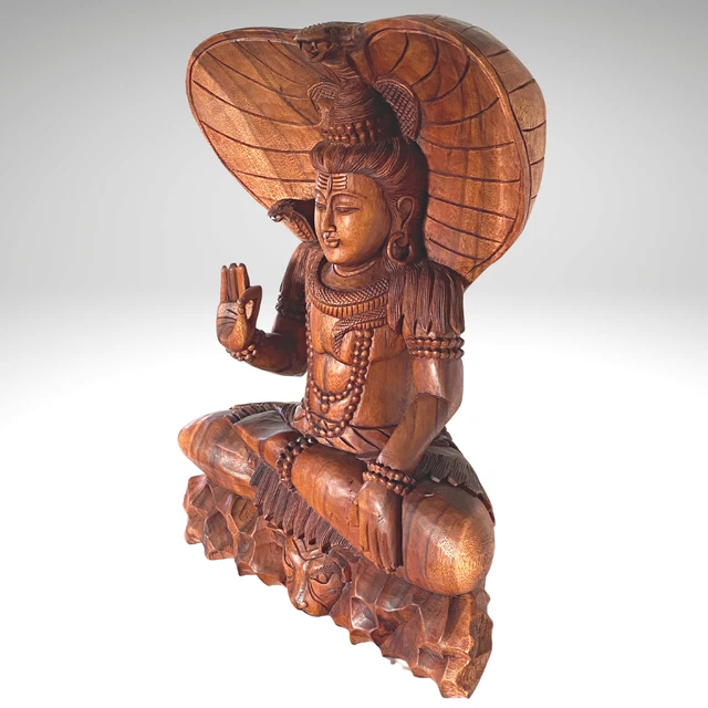 Seated Lord Shiva Cobra Statue Balinese wood Carving sculpture Hindu art OOAK