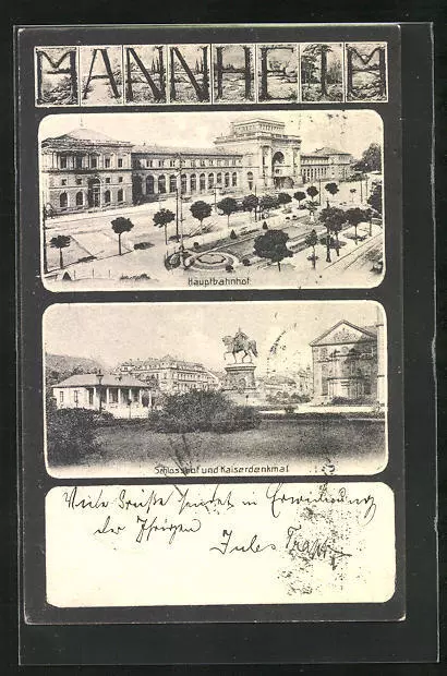 Ansichtskarte Mannheim, Blick auf den Schlosshof und das Kaiserdenkmal 1905