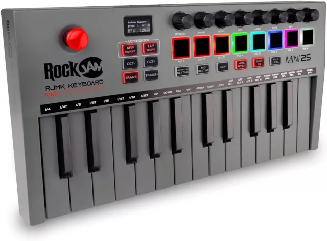 RockJam Go 25 Key USB and Bluetooth MIDI Keyboard Controller With 8 Backlit...