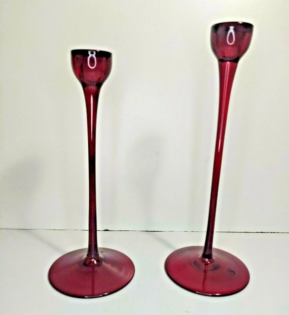 IKEA BLOMSTER RUBY Red Glass Taper Candle Holders Pair of Two 11.5 & 13
