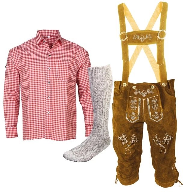 Set folcloristico uomo pantaloni folcloristici in pelle taglia 46-62 rosso camicia con calze