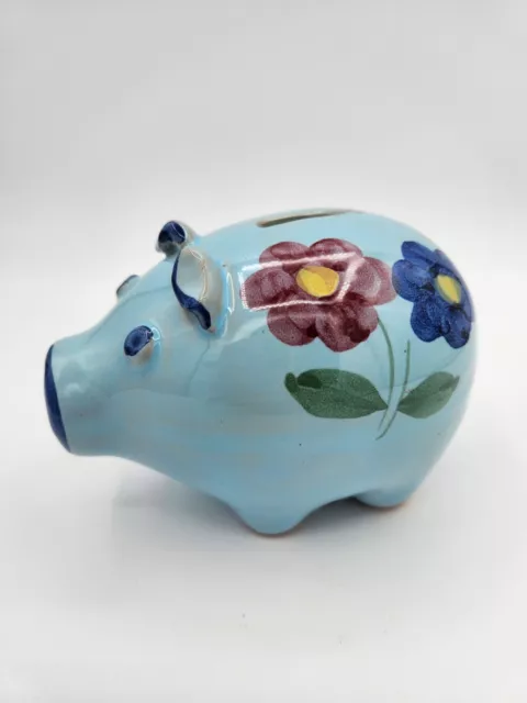 VTG Handmade In Italy Blue Pottery Handpainted Floral Pig Piggy Bank EUC