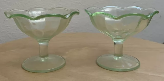 Pair Of Vintage Uranium Vaseline Depression Glass Dessert Dishes Bowls Green EUC